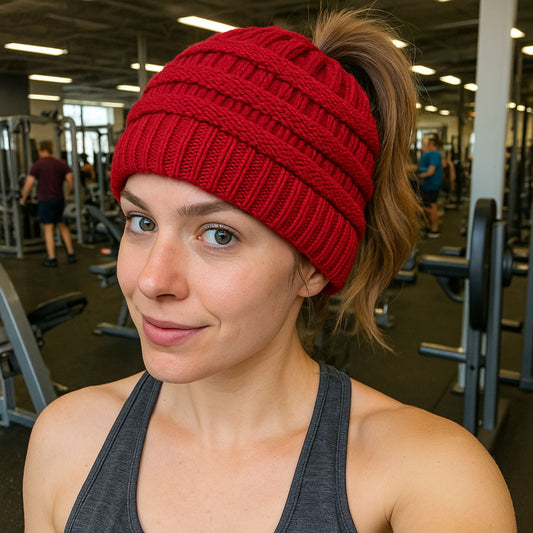 Ponytail Beanie Cap – Stretchy, Stylish & Warm (Cherry Red)