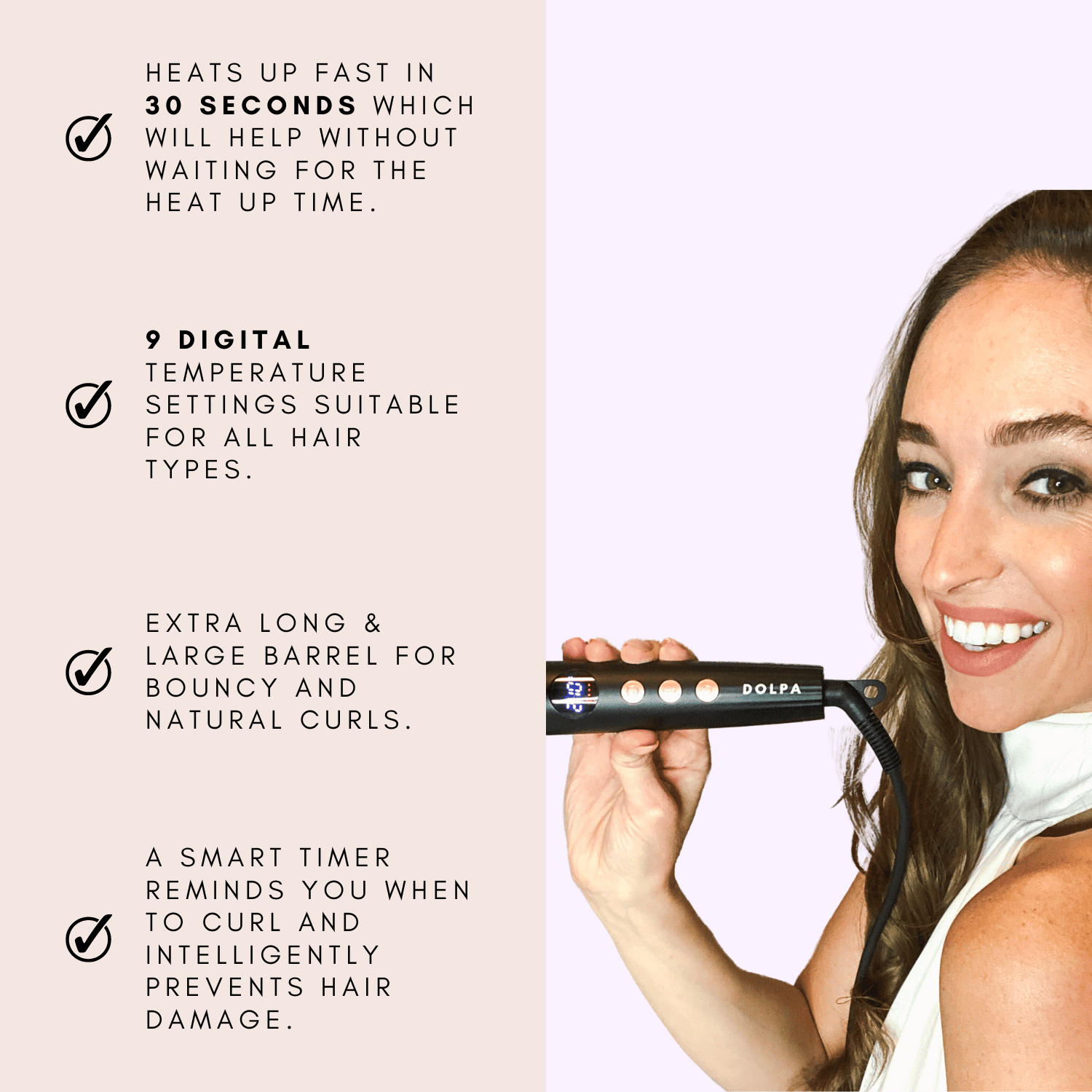 DOLPA premium hair curler with long barrel, h9 digital temperature settings, and 360-degree swivel cord. User-friendly design with simple controls for customizable, long-lasting curls