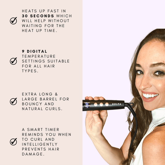 DOLPA premium hair curler with long barrel, h9 digital temperature settings, and 360-degree swivel cord. User-friendly design with simple controls for customizable, long-lasting curls